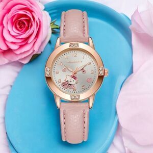 Hello Kitty Pink Leather Band Watch Cat Face Rose Gold Rhinestone Analog Battery